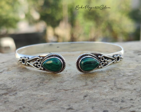Handmade Malachite Gemstone Bangle: 925 Sterling Silver Cuff