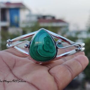 Handmade Teardrop Malachite Bangle: 925 Sterling Silver Boho Bracelet Handmade Teardrop Malachite Bangle: 925 Sterling Silver Boho Bracelet