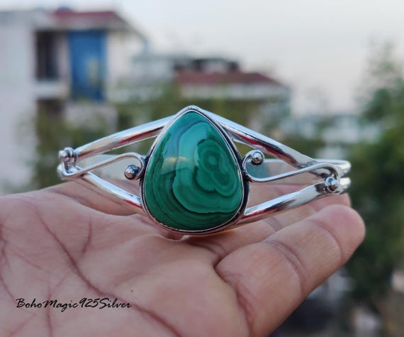 Handmade Teardrop Malachite Bangle: 925 Sterling Silver Boho Bracelet