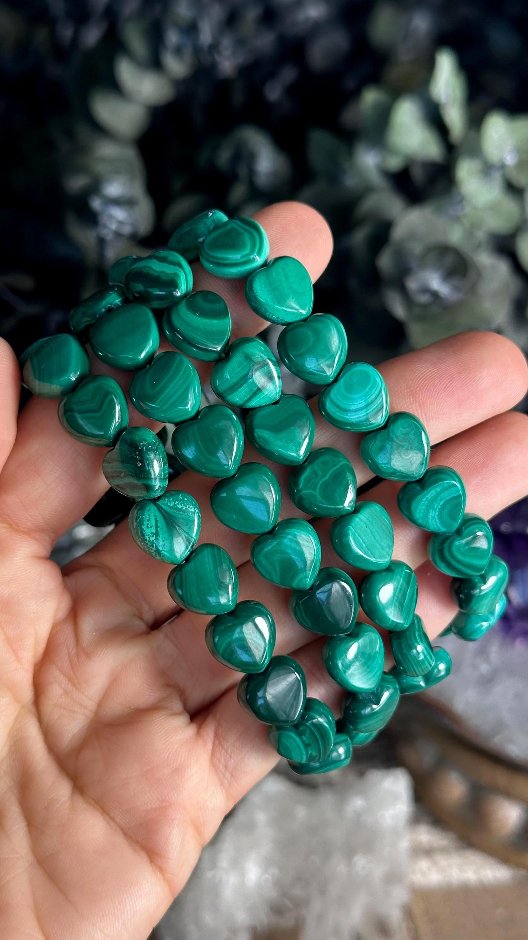Malachite Heart Beaded Bracelet, Bead Bracelet, 11mm