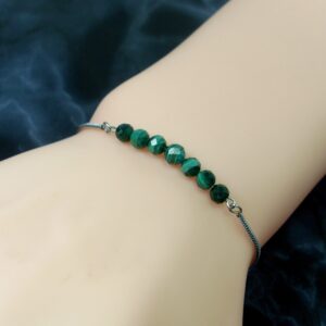 Natural Malachite Bracelet Faceted 5 Mm, Dainty Adjustable Natural Gemstone Bracelet For Women Or Girl, Stainless Steel Bracelet + Gift Bag