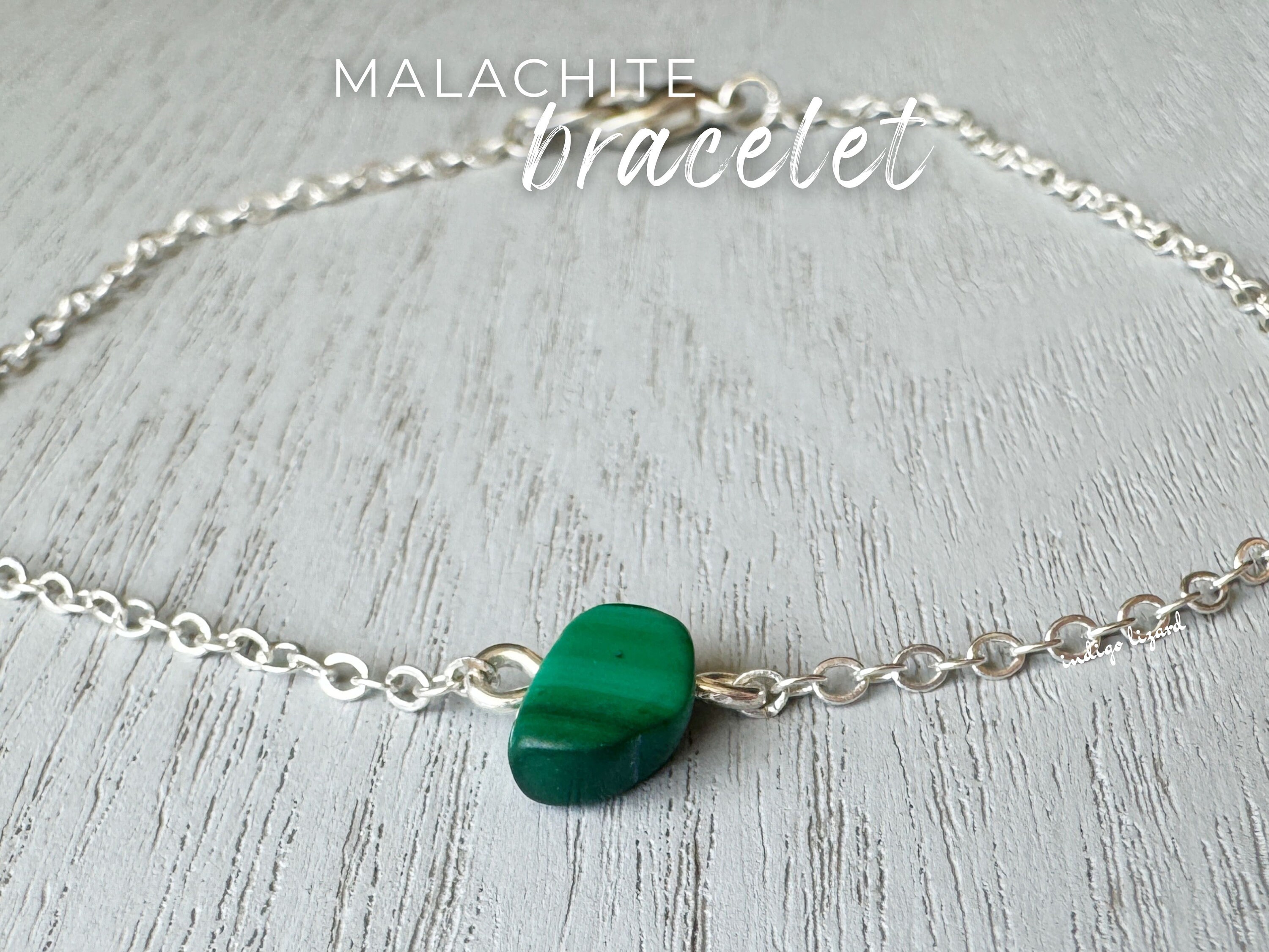 Malachite Bracelet: Natural Green Gemstone, Sterling Silver Chain