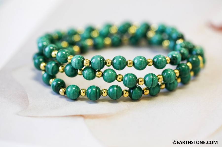 S/ Malachite 6mm Round Bracelet W/ Gold-plated Beads Elastic Strung Ready To Wear