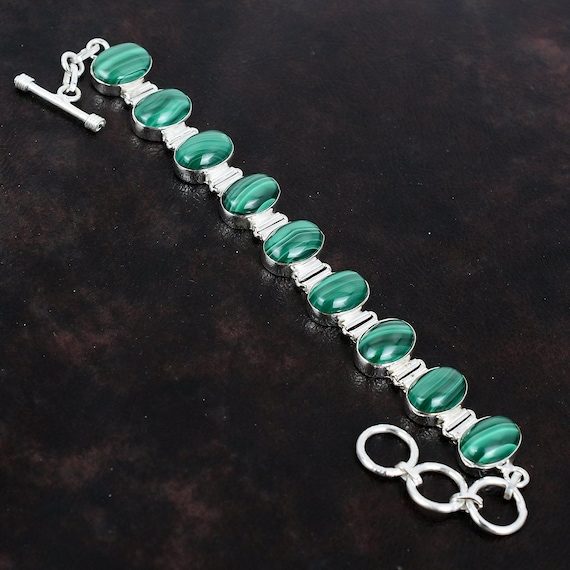 Malachite & Sterling Silver Bracelet: Adjustable Gemstone Jewelry