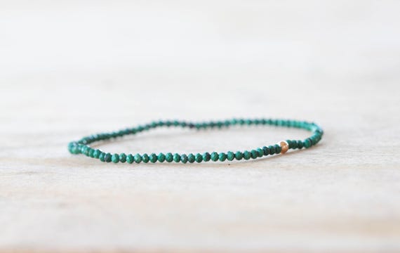 Malachite Stretch Bracelet, Delicate Beaded Green Gemstone Jewelry, Genuine Small Faceted Gemstones