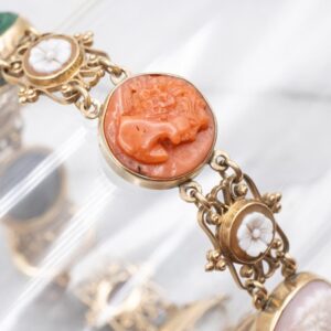 Vintage 14K Gold Cameo Bracelet, Coral, Shell & Malachite, 8 Inch Vintage 14K Gold Cameo Bracelet, Coral, Shell & Malachite, 8 Inch