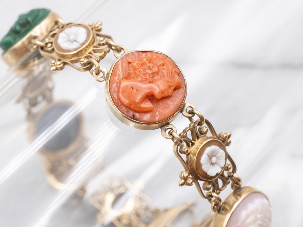 Vintage 14k Gold Cameo Bracelet, Coral, Shell & Malachite, 8 Inch