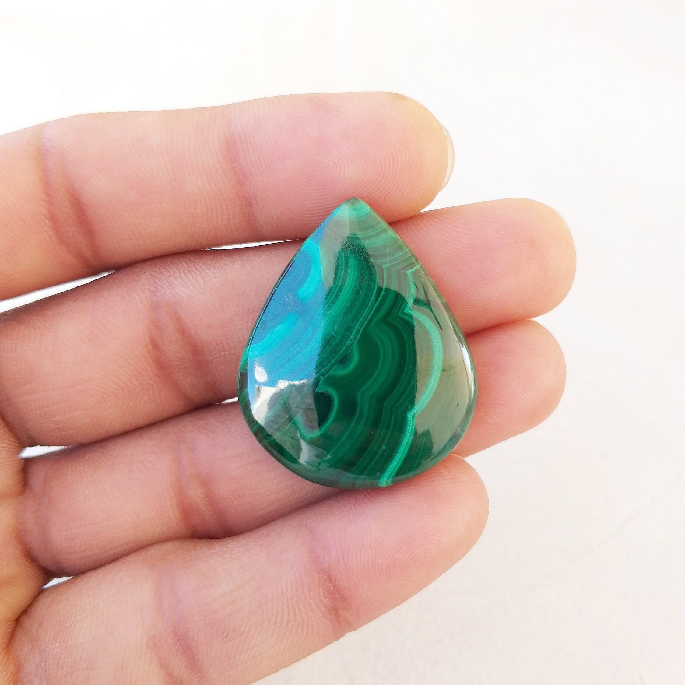 Pear Malachite Cabochon: 67.9 Carat Gemstone Pendant (34x29x7 Mm