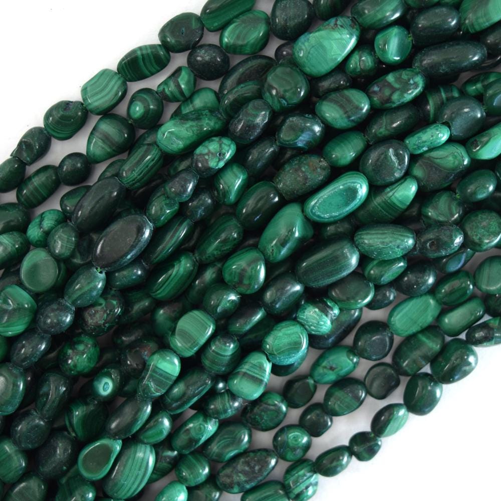 6mm - 8mm Natural Green Malachite Pebble Nugget Beads 15.5" Strand
