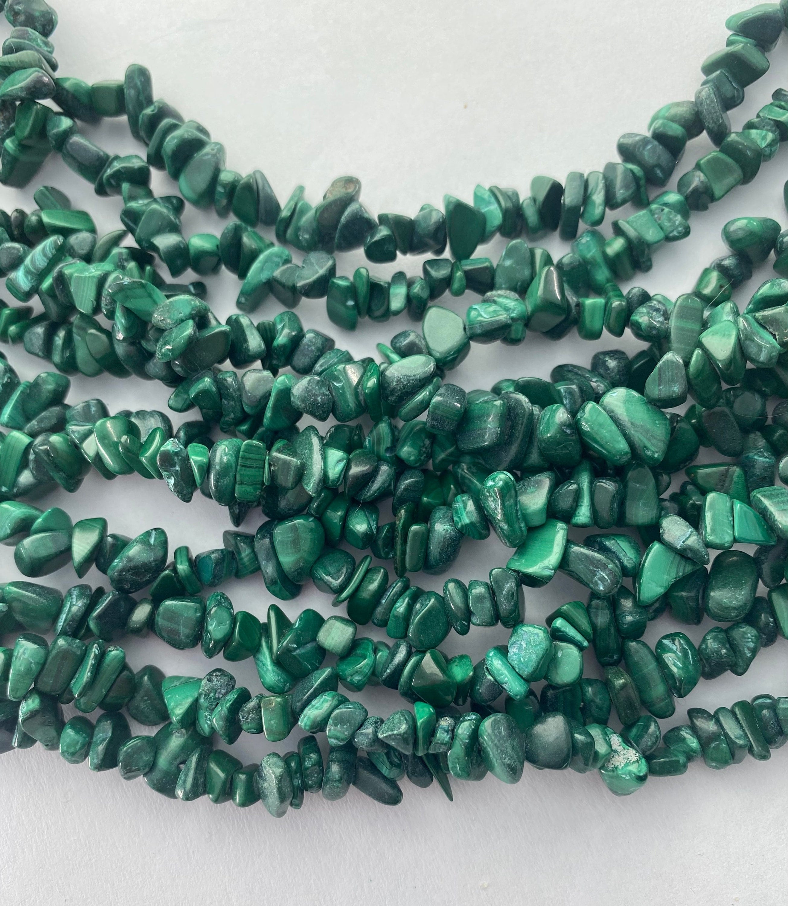 Malachite Gemstone Chips. 36” Strand Of 5-9mm Banded Green Malachite Beads.