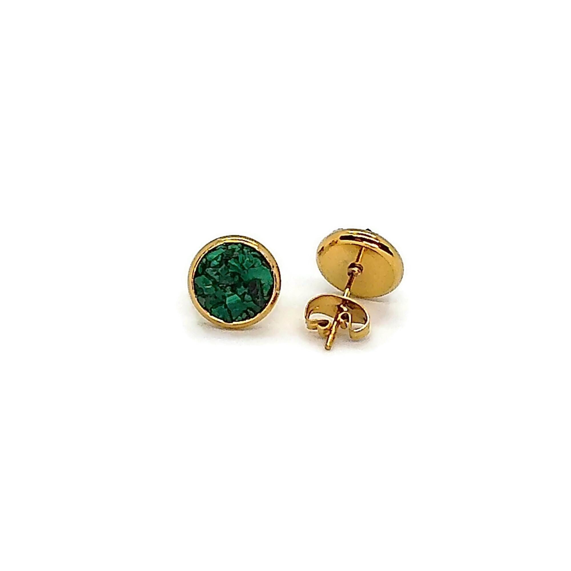 Malachite 8mm Stone Gold Plated Stainless Steel Stud Earrings