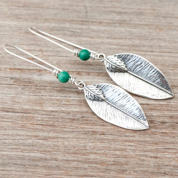 925 Sterling Silver Leaf Earrings, Everyday Green Malachite 925 Wire Wrapped 925 Sterling Silver Ear Wires, Nature Lovers Dangles