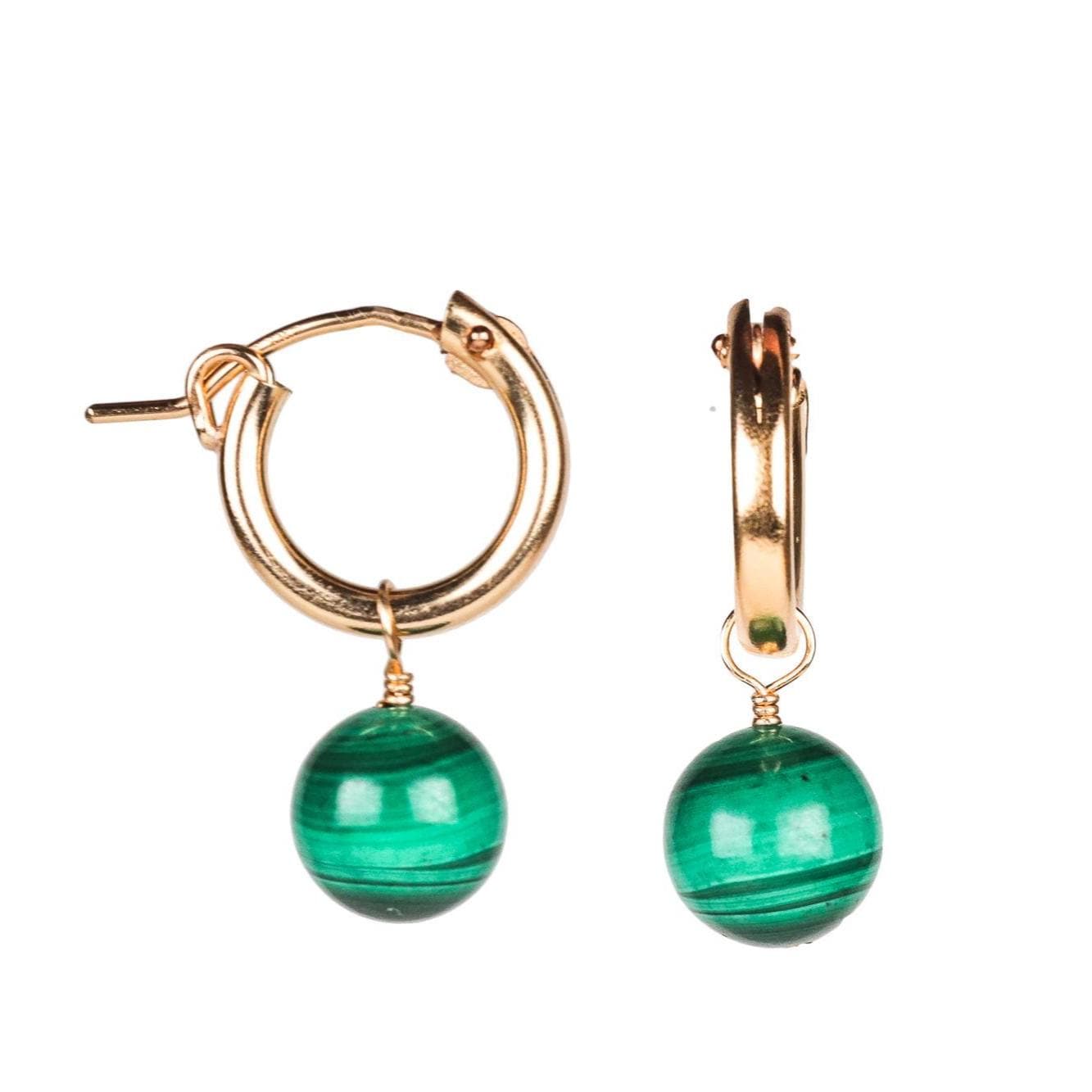 Malachite Ball Hoop Earrings, 14k Gold Filled, Gemstone Hoops