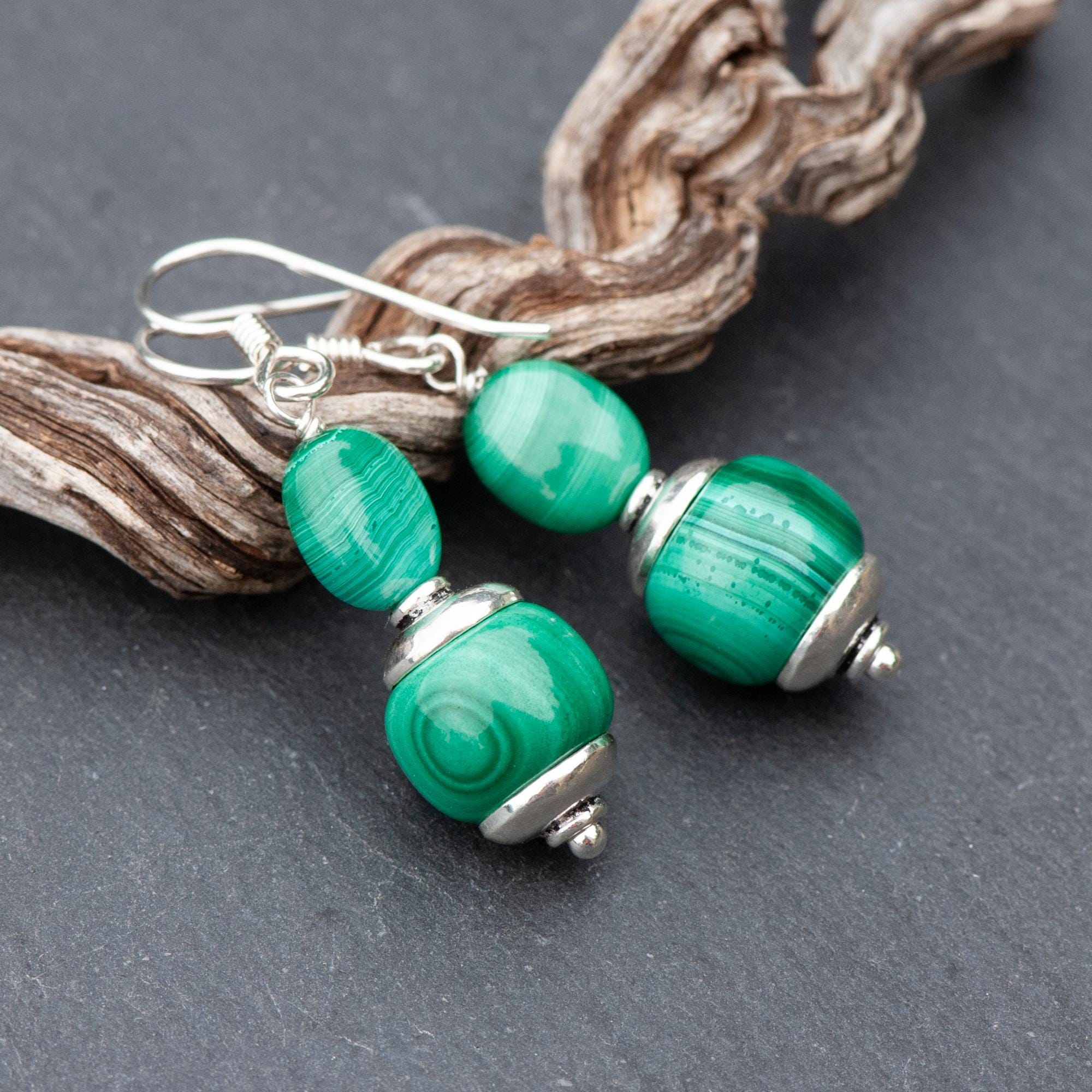 Bullseye Malachite Earrings, Forrest Green Natural Stone Dangles, 925 Sterling Silver French Ear Wires, Everyday Earrings