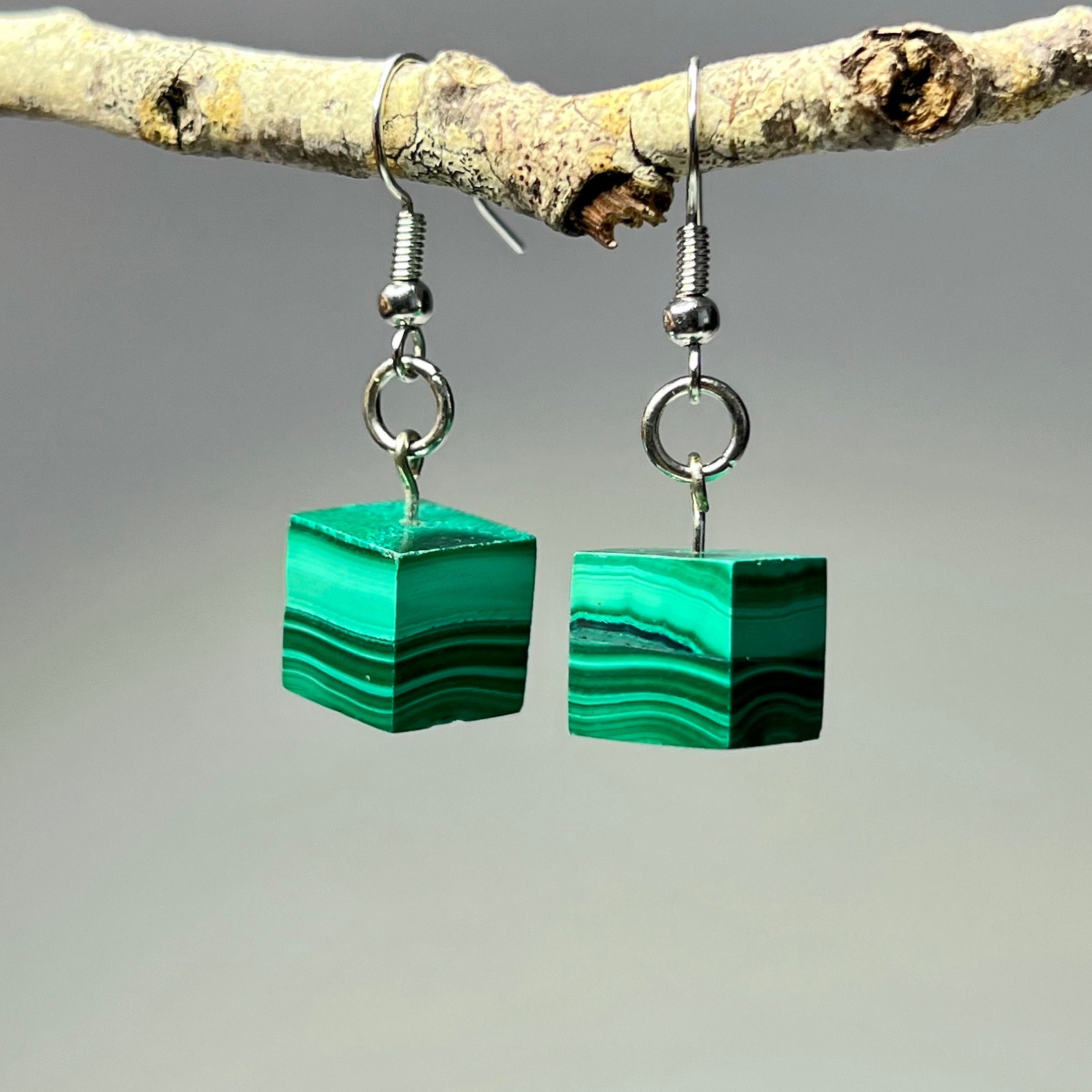 Malachite Cube Dangle Earrings