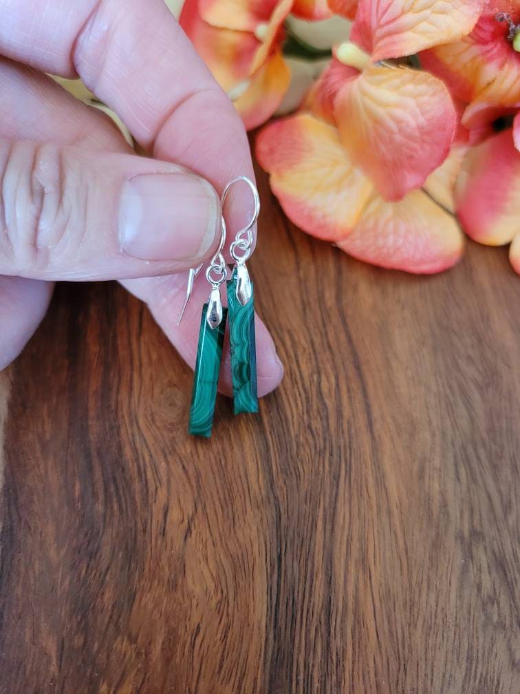 Dainty Rectangle Malachite Earrings. Sterling Silver Malachite Earrings