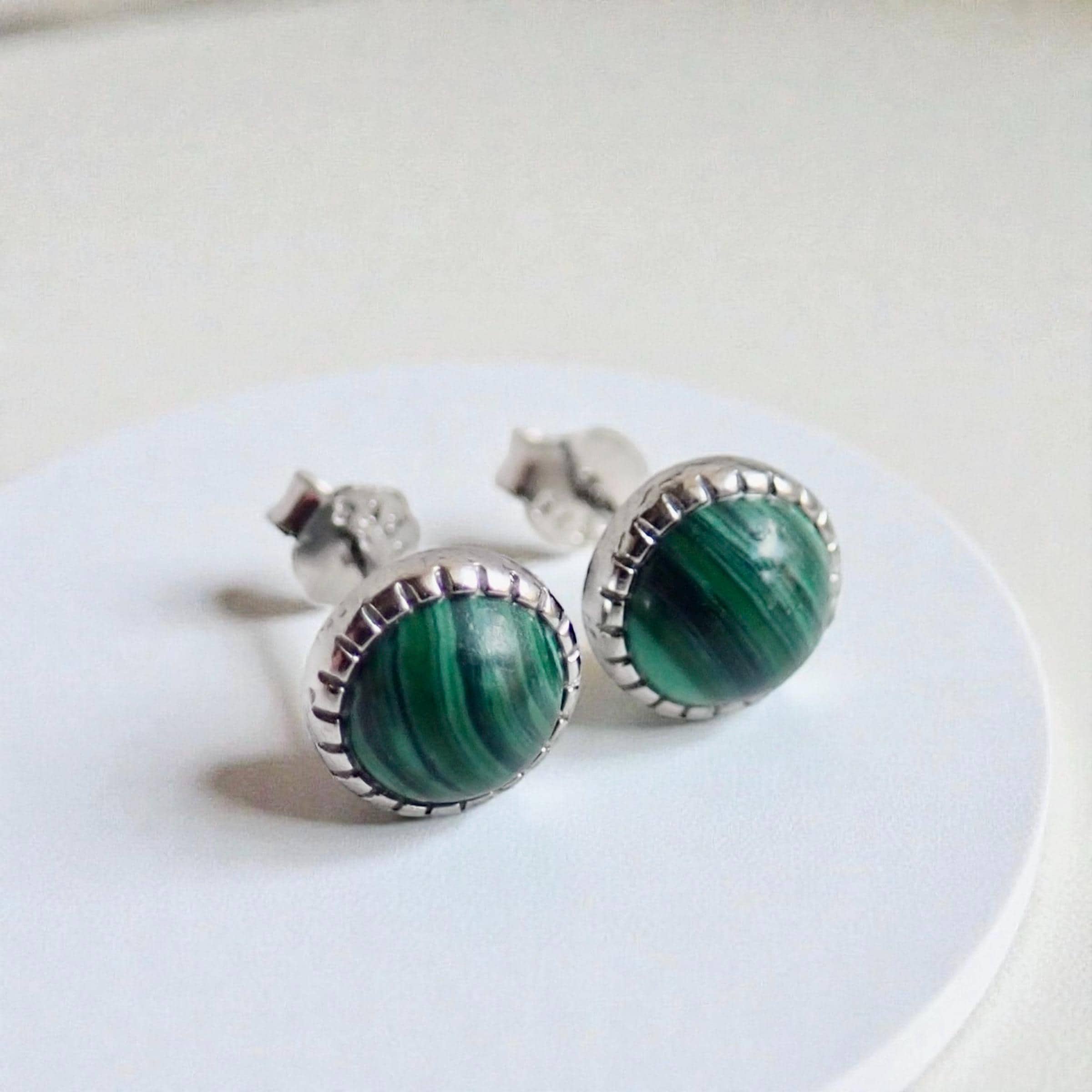 Dainty Malachite Stud Earrings, Small Sterling Silver Gemstone Posts, Malachite Jewelry, Green Stone Gift For Her