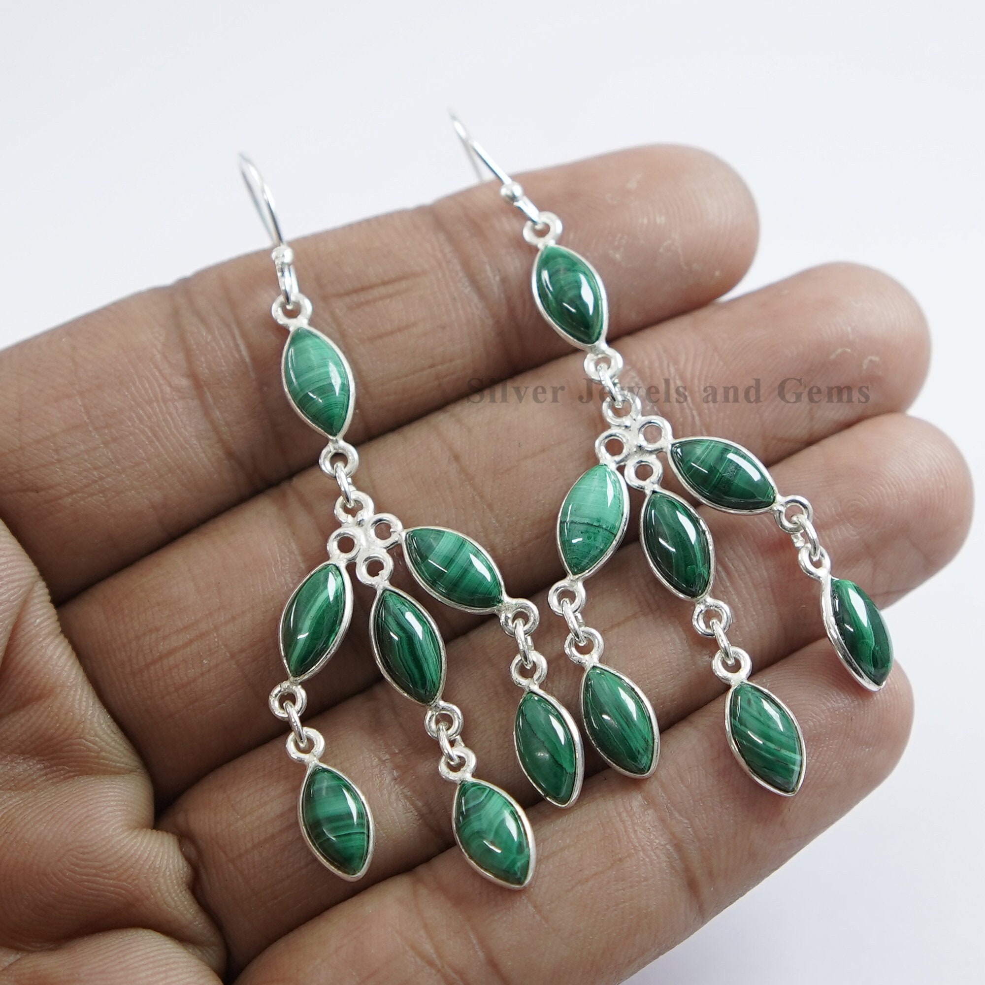 Malachite Dangle Earrings, 925 Sterling Silver, Green Gemstone Earring Malachite Dangle Earrings, 925 Sterling Silver, Green Gemstone Earring
