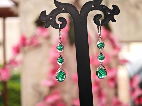 Malachite Dangle Drop Earrings For Women 925 Sterling Silver Statement Earrings Unique Malachite Wedding Long Earrings Vintage Dangle Drop