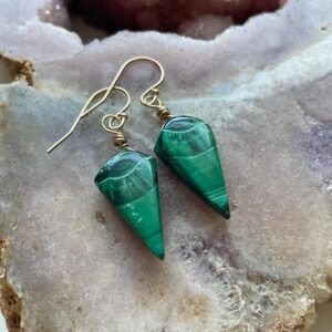 Malachite Dangle Earrings: Gold Filled Crystal Jewelry, 39mm Drop