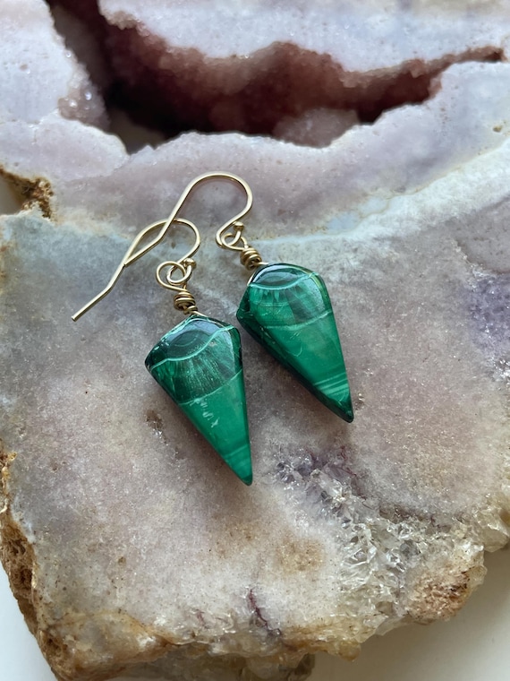 Malachite Dangle Earrings: Gold Filled Crystal Jewelry, 39mm Drop Malachite Dangle Earrings: Gold Filled Crystal Jewelry, 39mm Drop