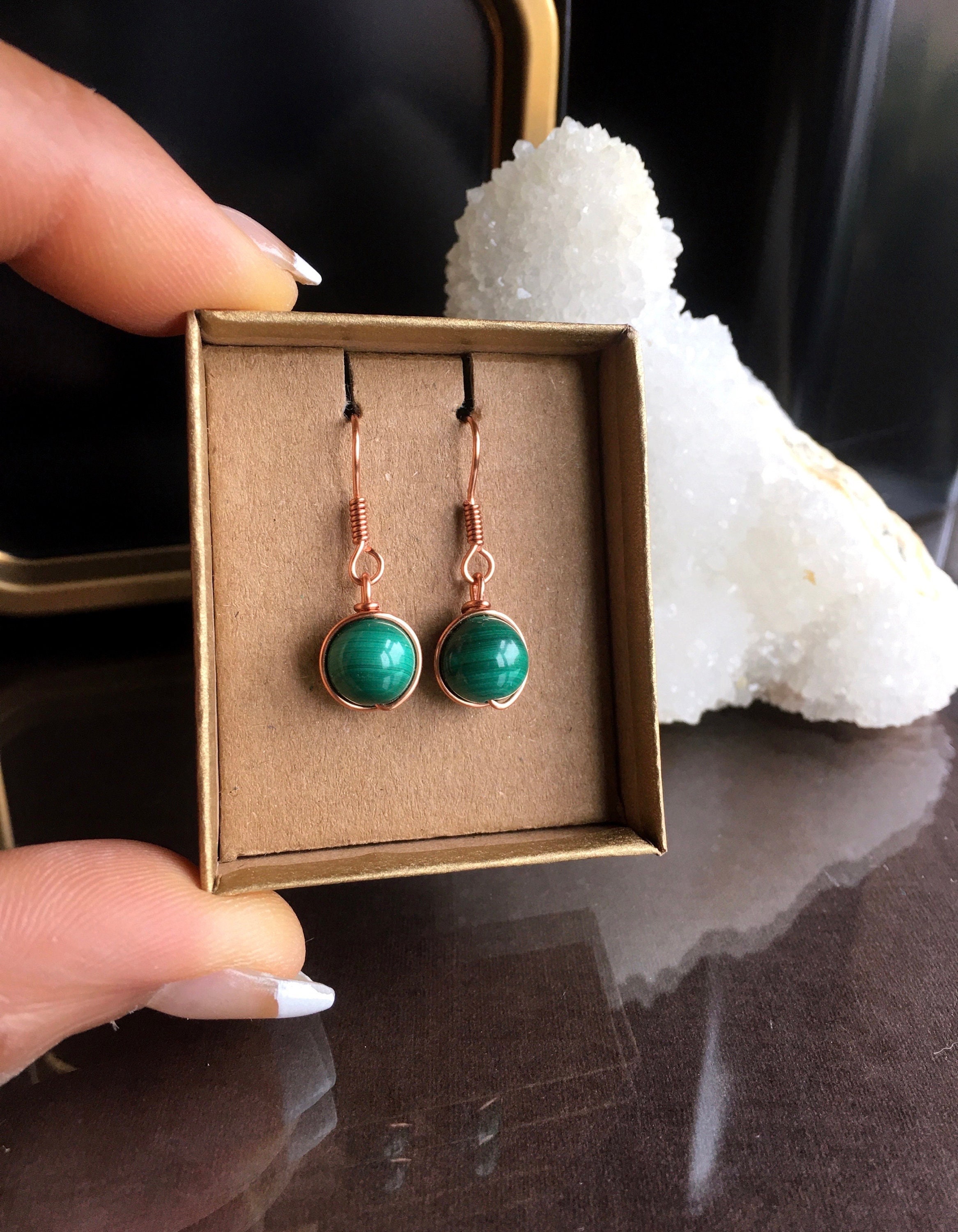 Malachite Drop Earrings, Copper Wire Wrapped, Handmade Gift Box