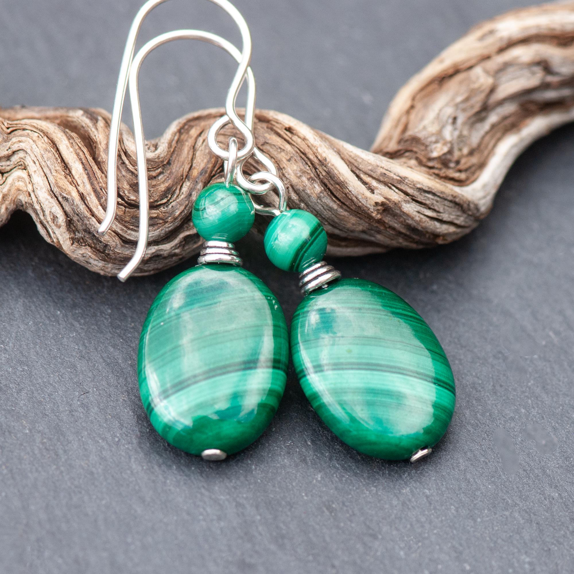 Forest Green Natural Stone Earrings, Malachite Dangly Dangles, 925 Sterling Silver French Ear Wires, Stripy Beads Drops