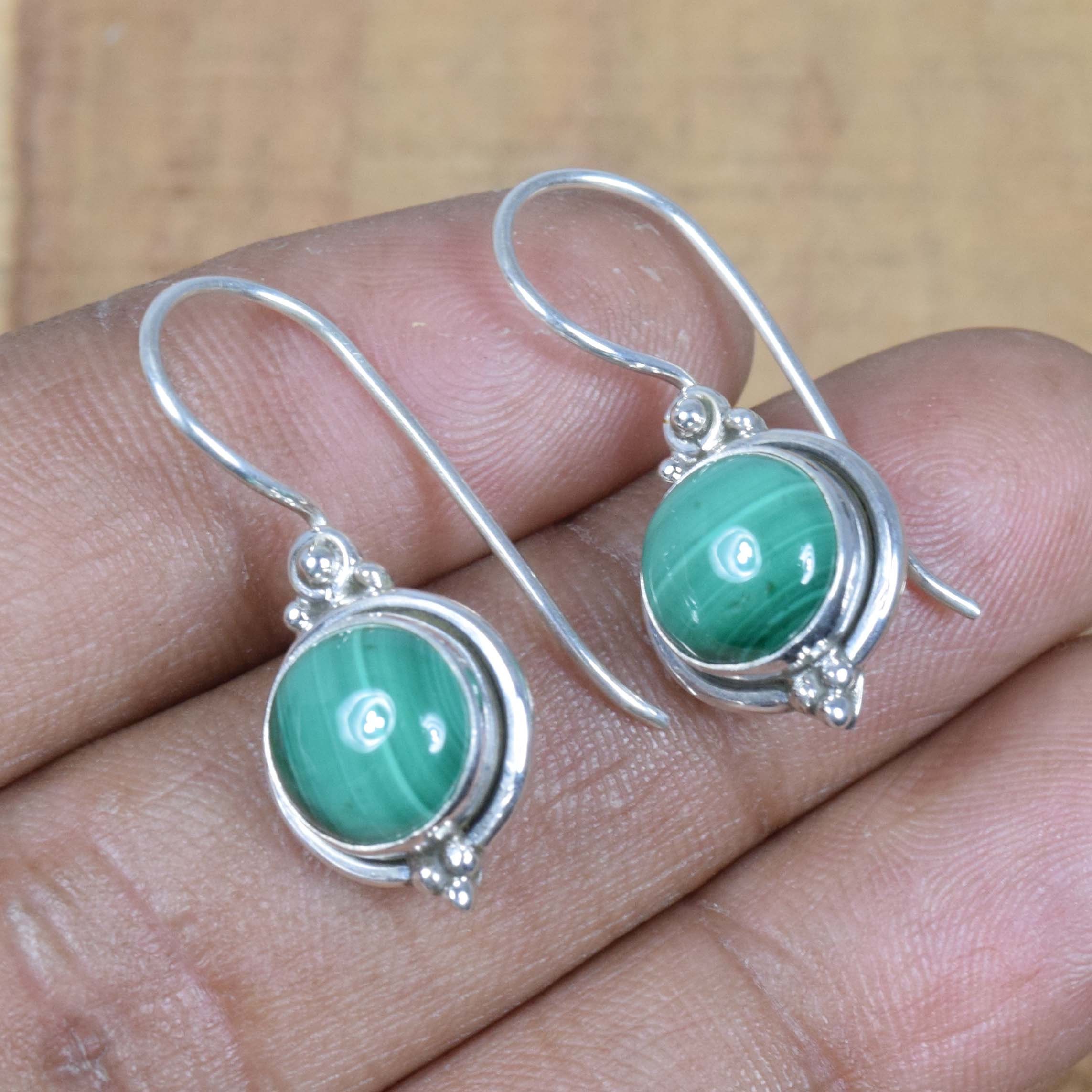 Green Malachite 925 Sterling Silver Hook Earrings: Handmade Round Design Green Malachite 925 Sterling Silver Hook Earrings: Handmade Round Design