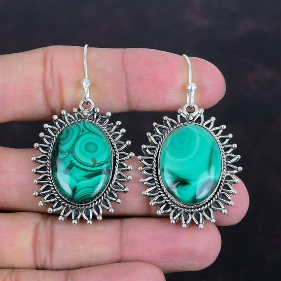 Handmade 925 Sterling Silver Malachite Earrings: Oval Gemstone Jewelry