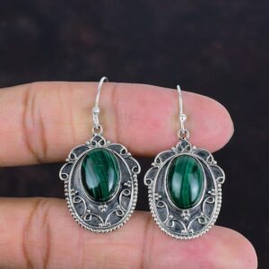 Handmade Malachite 925 Sterling Silver Earrings: Oval Gemstone Jewelry