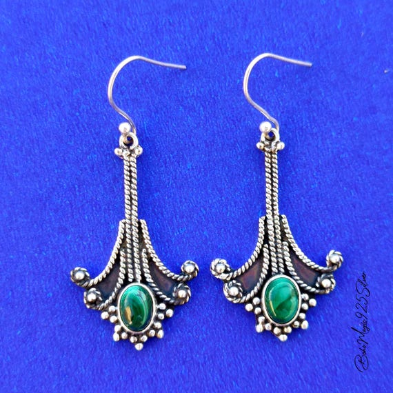 Handmade Malachite Earrings: 925 Sterling Silver Dangle Drop Jewelry