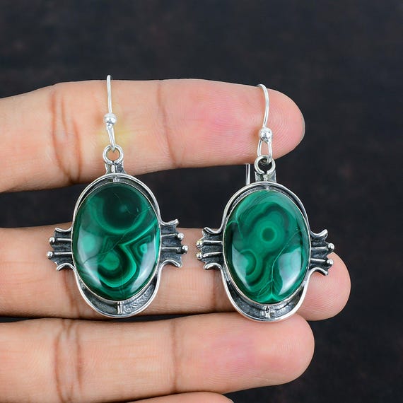 Handmade Malachite Earrings: 925 Sterling Silver Gemstone Jewelry