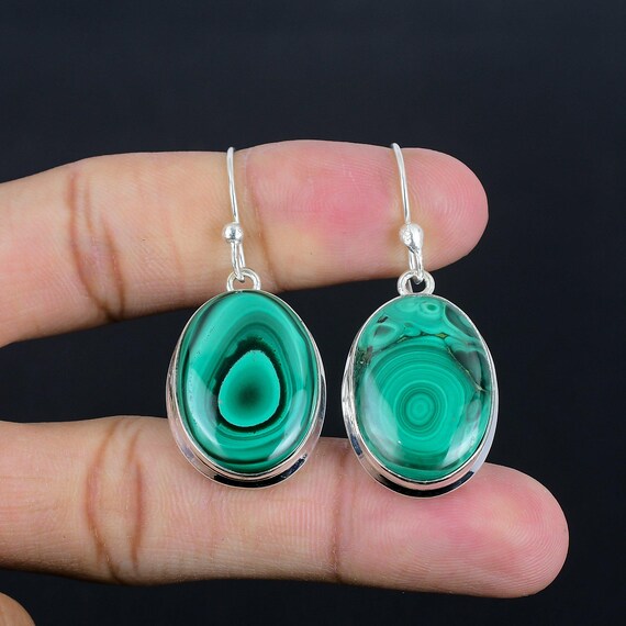 Handmade Malachite Earrings: 925 Sterling Silver Dangle Gemstone Jewelry