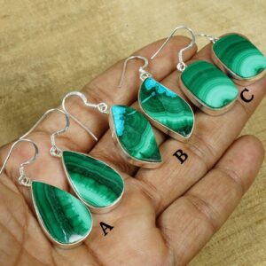 Handmade Malachite Earrings: 925 Sterling Silver Hook Dangles