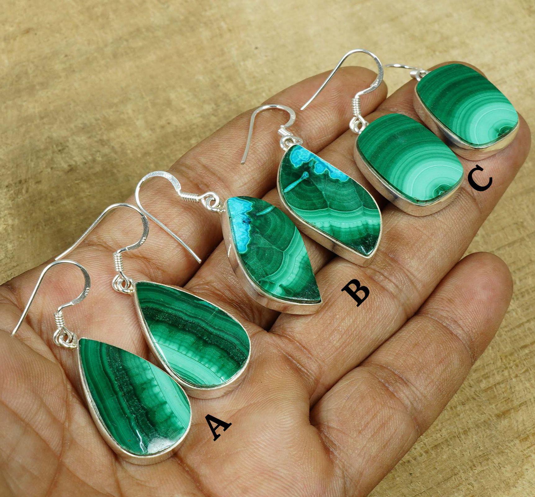 Handmade Malachite Earrings: 925 Sterling Silver Hook Dangles