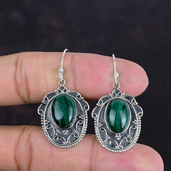 Handmade Malachite 925 Sterling Silver Earrings: Oval Gemstone Jewelry