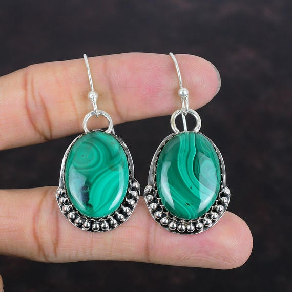 Handmade Malachite Drop Earrings: 925 Sterling Silver Gemstone Jewelry
