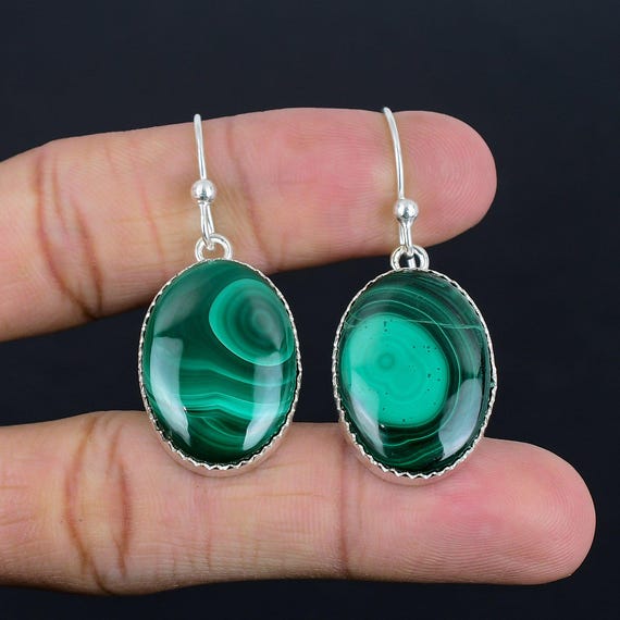 Handmade Oval Malachite Earrings: 925 Sterling Silver Designer Jewelry