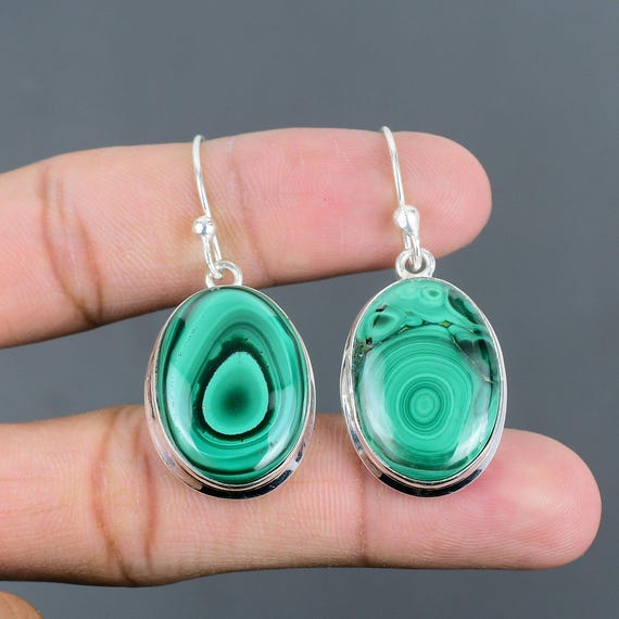 Handmade Oval Malachite Earrings: 925 Sterling Silver Gemstone Jewelry