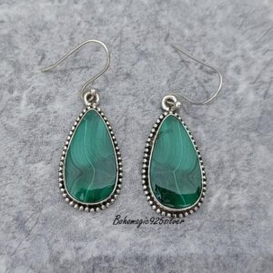 Handmade Pear Malachite Earrings: 925 Sterling Silver Dangle