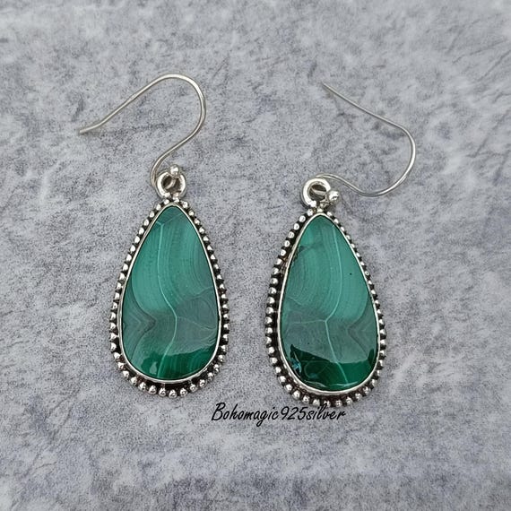 Handmade Pear Malachite Earrings: 925 Sterling Silver Dangle