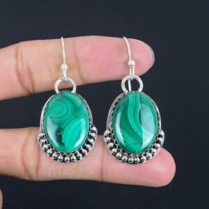 Handmade Sterling Silver Malachite Dangle Earrings: Antique Style