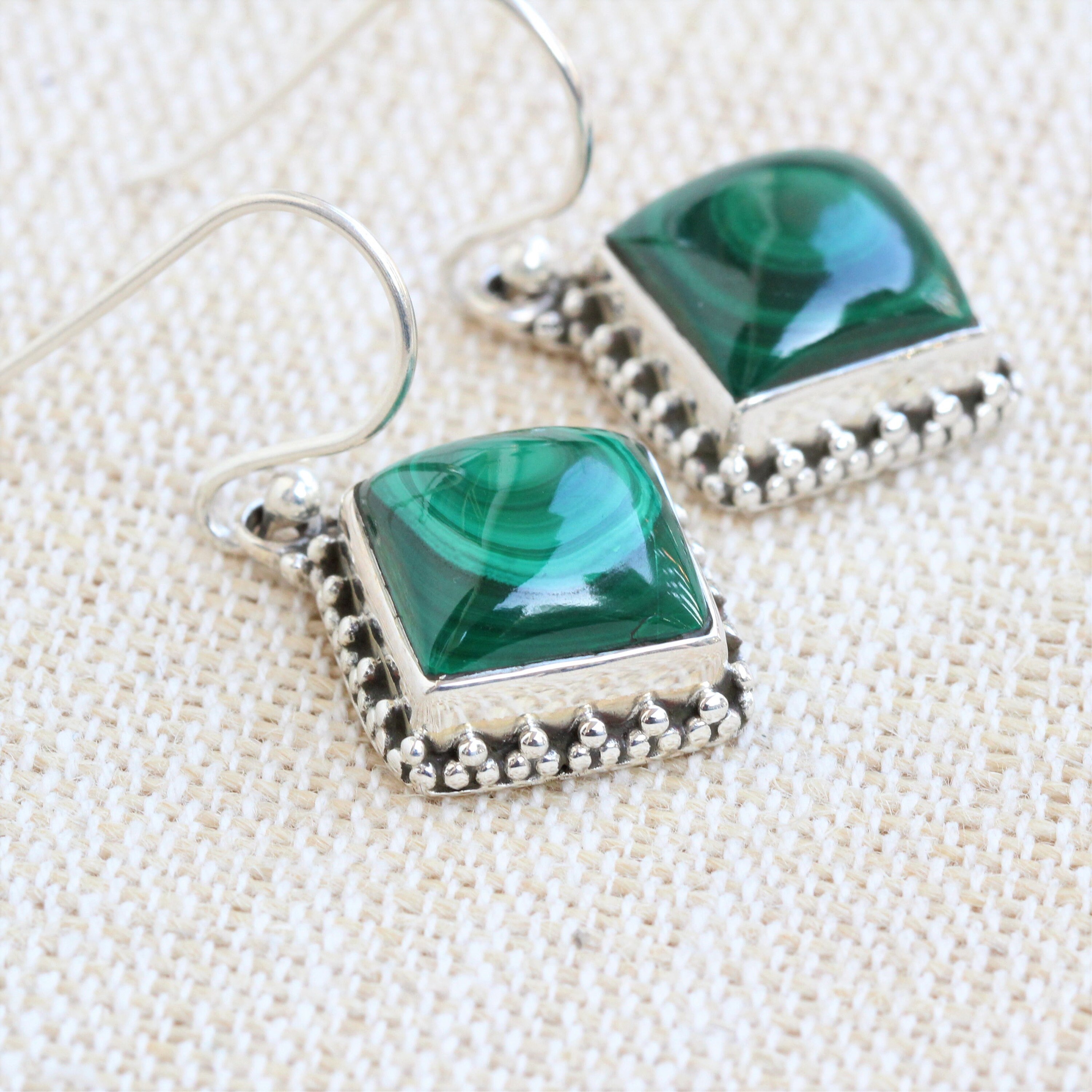 Handmade Sterling Silver Malachite Earrings: Square Dangle Jewelry