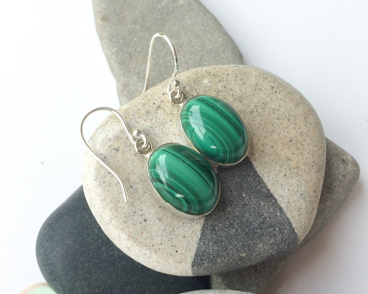 Malachite Earrings, Large Oval Sterling Silver Malachite Earrings, Green Gem Earrings, Natural Malachite, Dangle Earrings, Big Gem Earrings