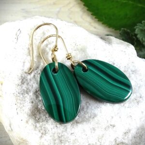 Natural Malachite Earrings | Gold Green Malachite Dangle Drop Oval Earrings | Scenic Landscape Stone | 14k Gold | Wire Wrapped Gemstone
