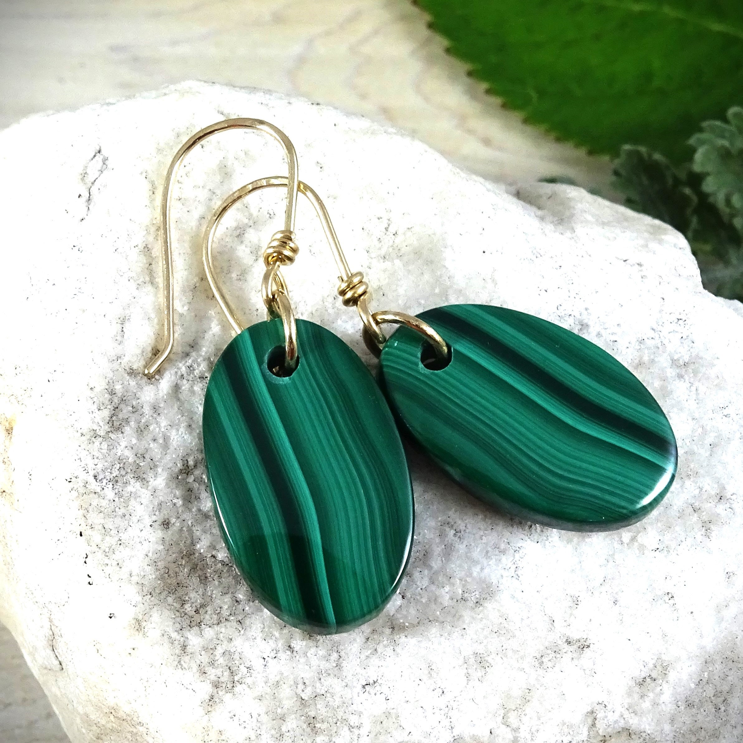 Natural Malachite Earrings | Gold Green Malachite Dangle Drop Oval Earrings | Scenic Landscape Stone | 14k Gold | Wire Wrapped Gemstone