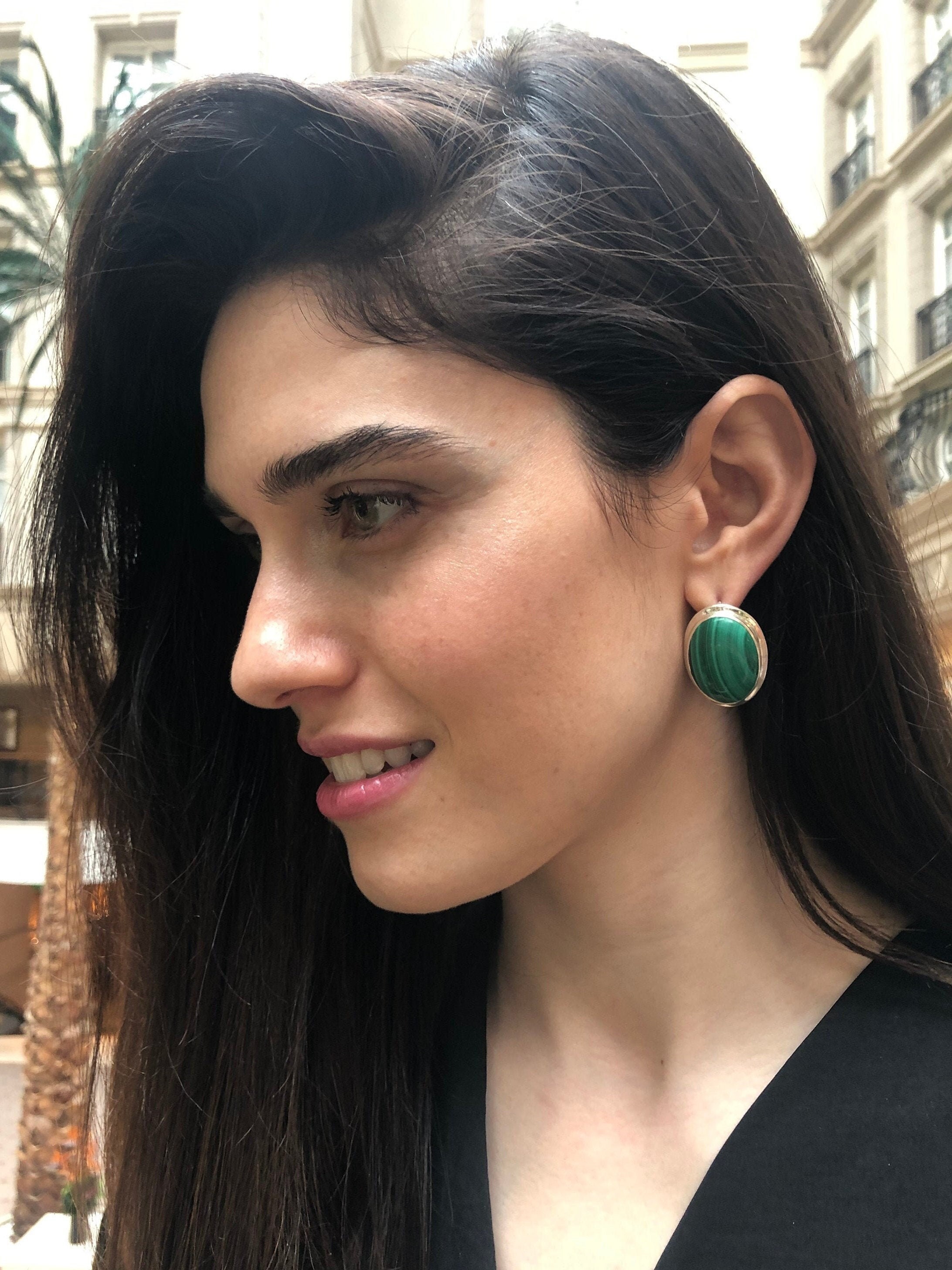 Malachite Earrings, Natural Malachite, Statement Earrings, Heavy Earrings, Large Oval Earrings, Green Vintage Earrings, 925 Silver Earrings