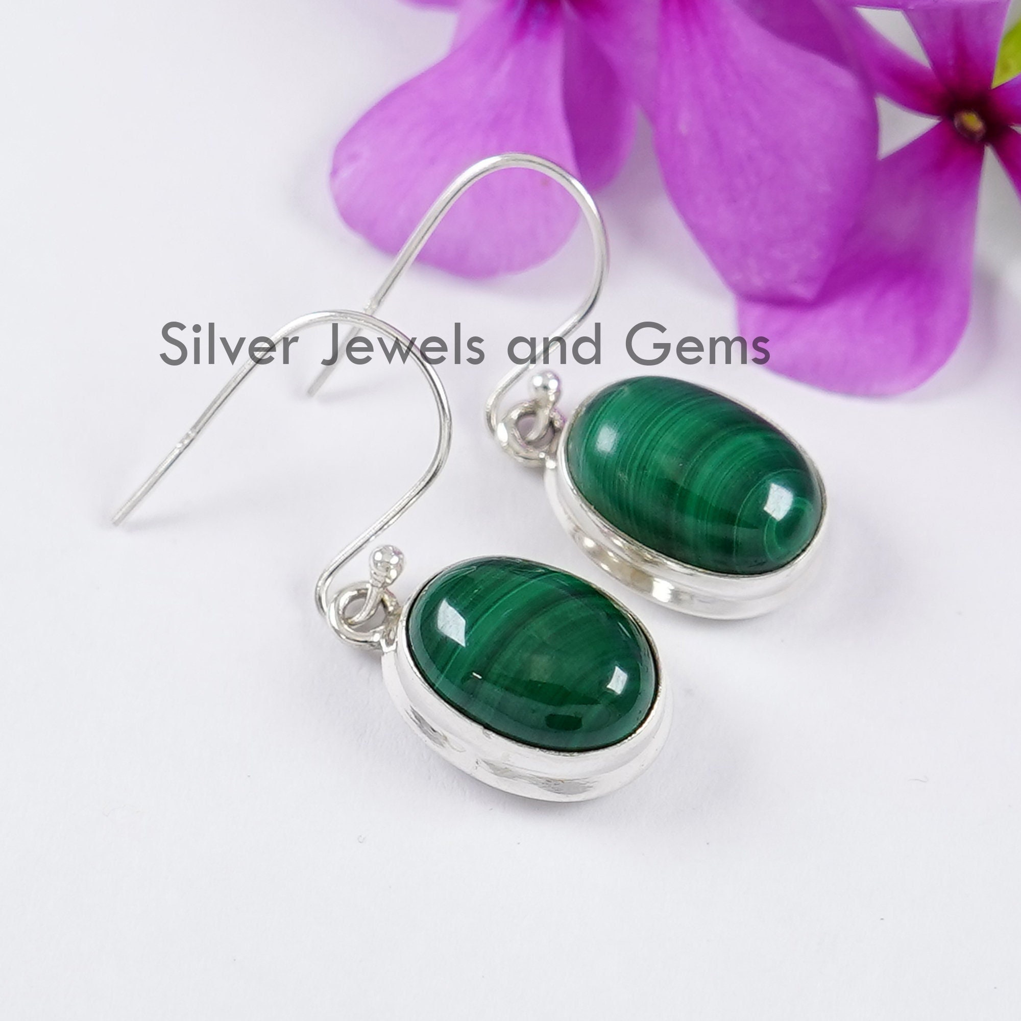 Oval Malachite Earrings, Handmade 925 Sterling Silver, Green Gemstone