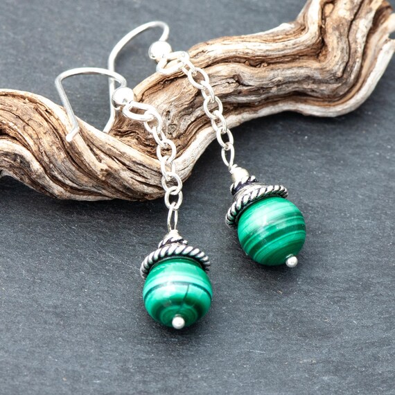 Petite Malachite Earrings, 925 Sterling Silver Chain Dangly Dangles, Stripy Green Natural Stone Drops, Lightweight Earrings