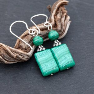 Petite Malachite Earrings, Minimalist Light Green Natural Stone Drops, 925 Sterling Silver French Ear Wires